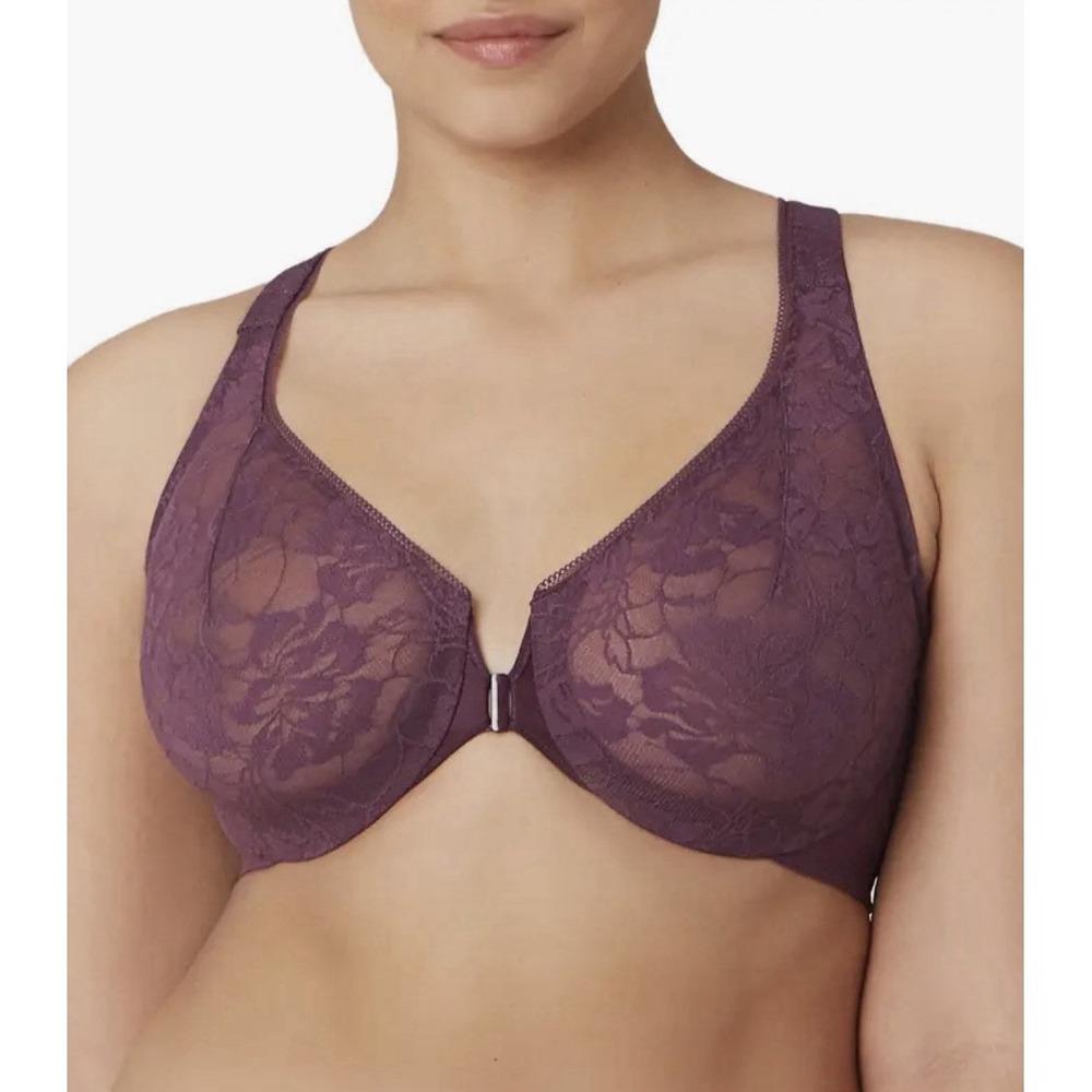 Glamorise Bra 48DD Plum Front Closure Lacey T-Back Wonderwire 9246 EUC